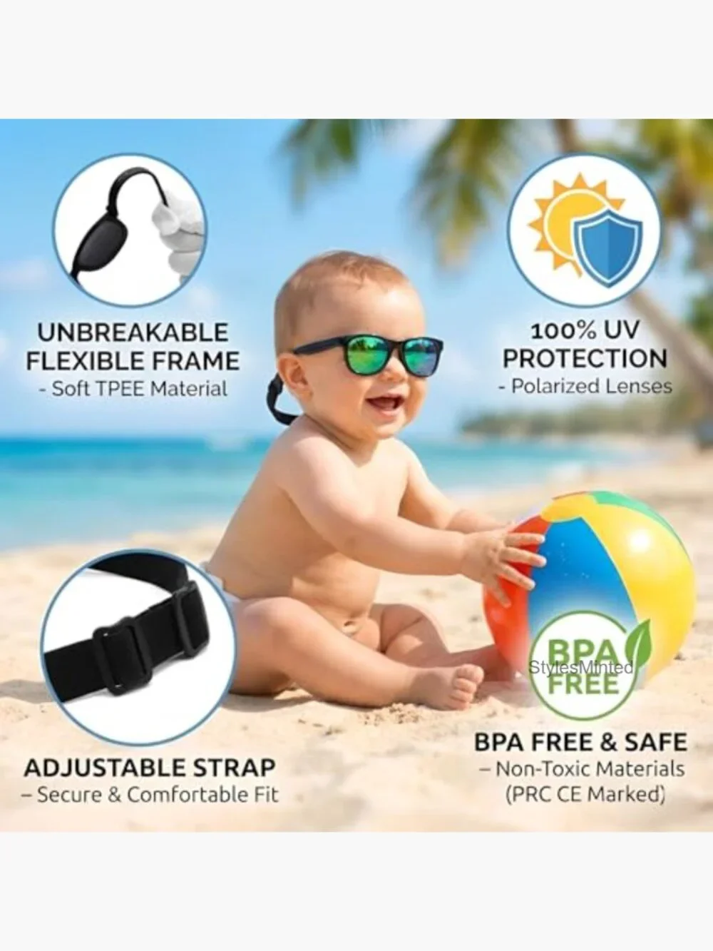 Polarized Baby Sunglasses with Strap Unbreakable Infant 0-12 Months